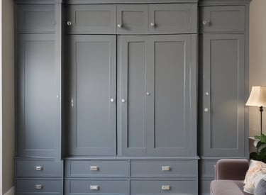 An intricately designed wooden structure featuring shelves and vertical slots with a decorative element on top. The central section includes multiple drawers with round knobs, showcasing a wood grain pattern.
