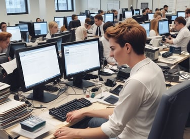 A diverse group of people using laptops and smartphones in a cozy, modern workspace.