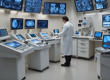 Smiling cardiologist consulting with a patient in a bright, modern clinic setting.