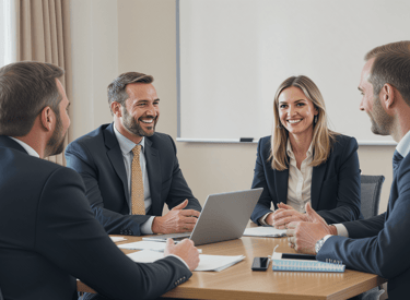 Three men and a woman in a business meeting in a conference room
