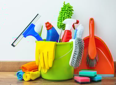a bucket of cleaning supplies and cleaning supplies
