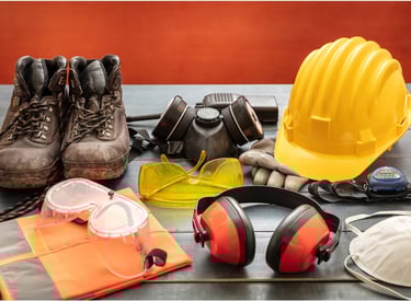 a variety of safety equipment including a helmet and safety gear