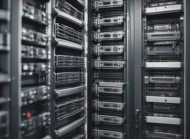 A white mask with distinct black features is placed on an open server tray in a data center or server room. The server is equipped with various LED indicators and network ports, suggesting an active setup.