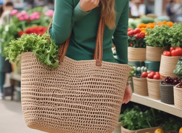 A large, intricately woven handbag featuring a crochet pattern in vibrant orange with yellow accents. The bag is placed on a white cloth, and the handles are wrapped with a textured, braided design.