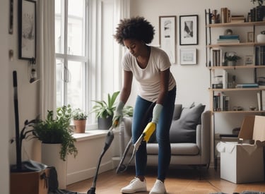 A large piece of beige fabric is spread over a table in a workshop filled with various tools and equipment. The table appears to be used for upholstery work, and the background shows shelves stocked with containers and a variety of mechanical or electronic items.