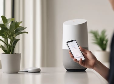 A wooden mailbox designed like a small house is mounted on a wall. The box has a pitched roof and a slot for mail. Pink and red flowers are blurred in the foreground, adding a touch of color. A wooden door and green leaves frame the background.