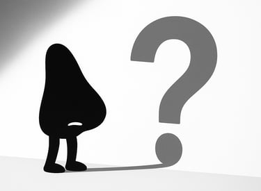 Cartoon nose with legs casting a shadow shaped like a question mark on a white background.