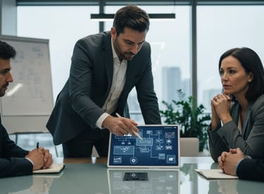 IT consultant providing expert strategic advice during a client meeting in a modern office setting.