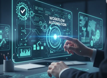 Businessman interacting with a holographic display for workflow automation, symbolizing increased ef