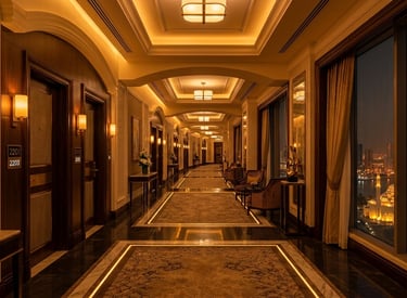 Luxury hotel hallway with warm lighting and a night view of a city mosque and skyline through large windows.
