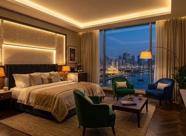 Luxury hotel suite with an Arabic lattice headboard and a scenic city view of Sharjah at dusk.