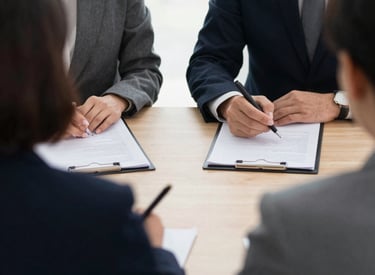 Business professionals in a meeting with a laptop and gavel during a corporate legal presentation.
