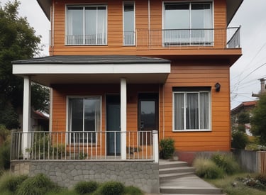 A residential street lined with brick houses stretches into the distance under a partly cloudy sky. A large tree without leaves stands tall on the right side, casting long shadows on the wet pavement. For sale signs are visible in front of the houses, indicating real estate activity. The sunlight filters through the branches, creating a serene atmosphere.