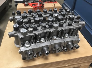 A complex network of blue hydraulic tubes connected to a metal machinery component, with a visible orange filter bearing text in the background. The surface exhibits signs of wear and dirt, indicating usage and exposure to industrial conditions.