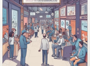 A small, white humanoid robot with blue accents, including eyes, mouth, and a circular badge with the letters 'AI' on its chest, is positioned in front of a blue laptop on a metallic surface. The robot has a simple, smooth design with two cylindrical arms and a small antenna on top.