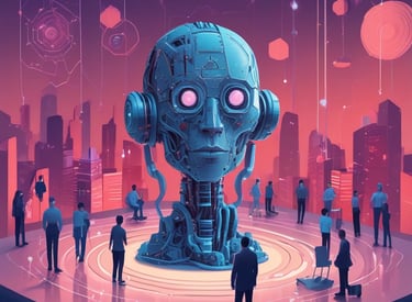 A bustling indoor event featuring a large group of people gathered in a modern, multi-level atrium with glass railings. The crowd is distributed across different levels of the venue, some sitting on steps and others standing. Colorful banners with words like Integrity, Collaboration, and Excellence hang from the upper floor.