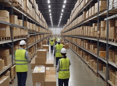 A spacious warehouse with tall shelves filled with various boxes and pallets. A yellow forklift is parked in the aisle, surrounded by organized inventory. The environment appears clean and well-lit, with items neatly stacked on metal racks.