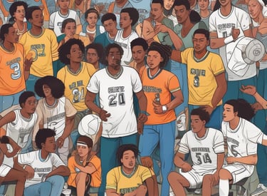 A group of people, mostly young individuals, stand together in what appears to be a sporting event. They are wearing swim caps of various colors, including green, orange, and blue, and some have sports jerseys with text on the back. There are trees and electricity pylons in the background, indicating an outdoor setting.