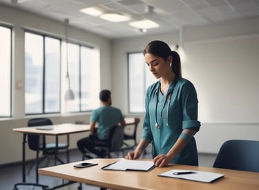 Uma pessoa em uma sala de reuniões fazendo uma escala médica