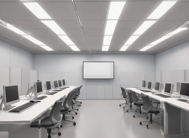 A dimly lit room features a prominent illuminated sign displaying the words 'Sysco LABS.' Below the sign are office desks with various electronic devices, including laptops and cables. The lighting creates a cool and professional atmosphere.