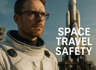 a man in a space suit and glasses with a space shuttle in the background