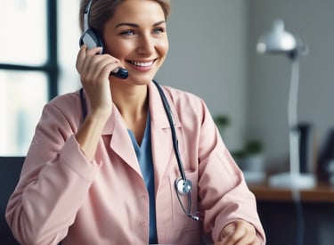 A healthcare professional is assisting a patient in a clinical setting. The patient is sitting on a chair, holding a cup near her mouth. The healthcare worker is wearing gloves and a protective gown, attending to the patient with what appears to be a medical procedure or care routine.