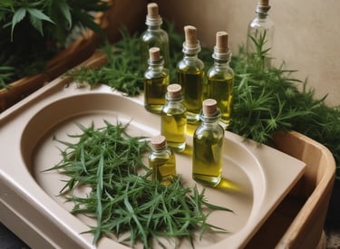 A dark glass bottle labeled 'Erbology Hemp Seed' is placed on a neutral-colored surface with a minimalist backdrop. The bottle has a simple design with a green hemp leaf illustration on the label.