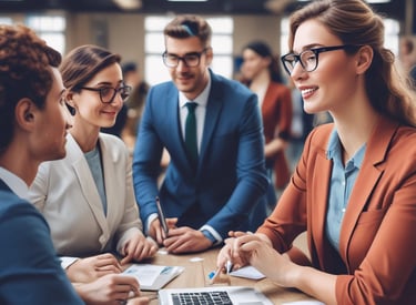 A metallic robotic hand and a human hand point towards each other at the center. Between them, there is a stylized, crystal-like representation of the letters 'AI'. The background is a gradient of orange shades.
