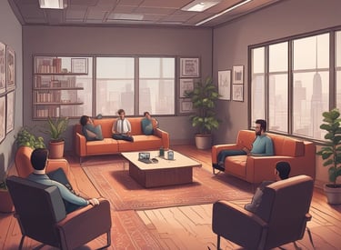 A modern interior with several people interacting with technology, including a digital currency ATM. One person is using a laptop at a table, another is standing at an ATM, and others are using their phones.