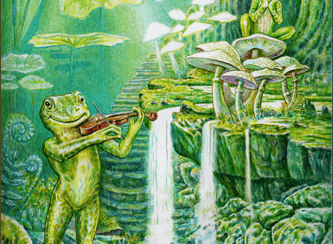 Children’s book illustration of a bullfrog playing violin in a pond, with a smiling female frog on m