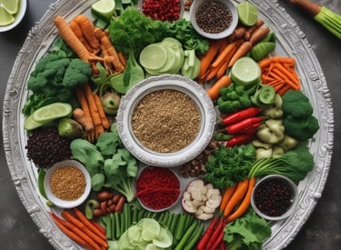 A vibrant display of fresh vegetables and herbs commonly used in Thai cooking.