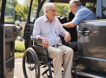 A professional driver assisting a senior passenger into a wheelchair-accessible vehicle.