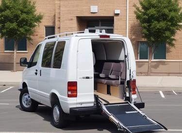 A clean, accessible vehicle parked outside a medical facility ready for patient transport.