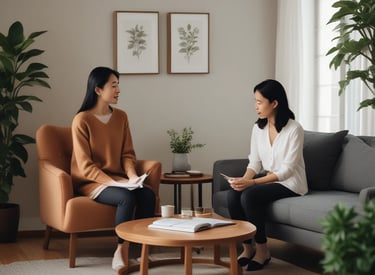 A serene setting with a calm therapist and a client engaged in conversation.