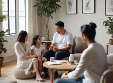 A couple sitting together in a peaceful environment, discussing their feelings with a counselor.