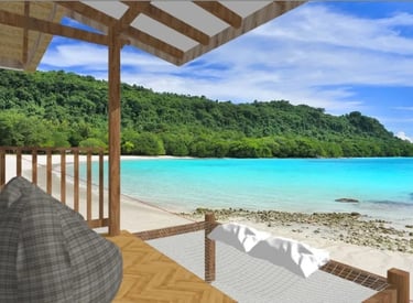 a hammock chair and bengalow made by Dharmajaya Furniture with a view of the ocean