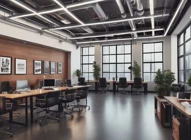 The inside workspace of the marketing agency during the morning time before everyone arrives.