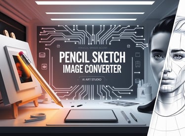 AI Art Studio Pencil Sketch Image Converter – Transform photos into pencil drawings with advanced AI in a futuristic digital 
