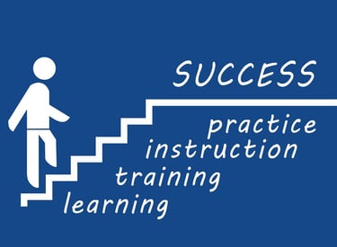 a figure climbing up stairs to success, with each step signifying something important