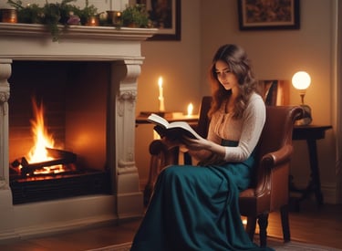A person holding a book titled 'A Storytelling Workbook for Beginners' while sitting on a sofa. The book cover features a heart design with the words 'people,' 'problem,' 'purpose,' and 'plan.' The setting includes a coffee table with a notebook, pen, and eyeglasses, and a decorative diffuser in the foreground. The sofa has a gray quilted texture and a yellow pillow.