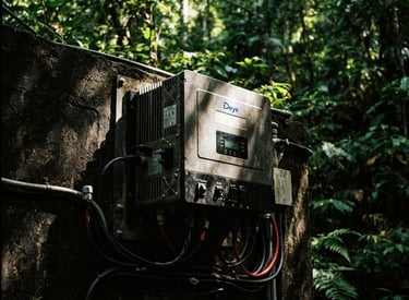 Close-up of a heavy-duty Deye hybrid inverter mounted on a dark concrete wall, dramatic tropical sunlight filtering through deep green jungle canopy, high-contrast, 35mm editorial photography.