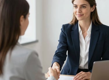 A warm meeting between a manager and a new employee discussing onboarding paperwork.