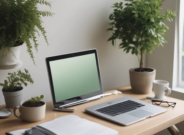 A bright, airy workspace with a laptop, green plants, and a cup of tea symbolizing calm and focus.