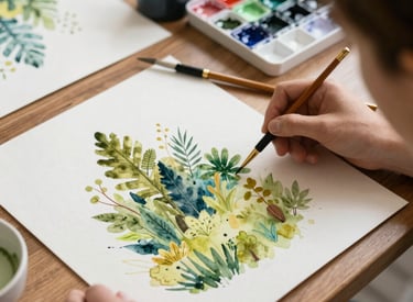 Brightly lit art studio table with colorful paints and brushes scattered around.
