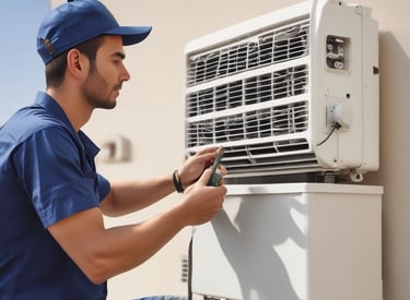 Technician servicing an air conditioning unit on a rooftop under clear blue sky.