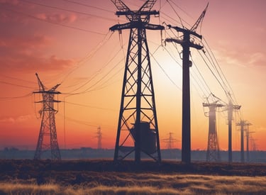 High-tech power plant with turbines operating under a clear blue sky.