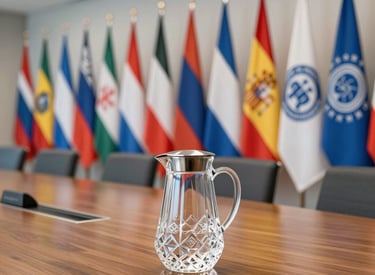 A formal and modern conference room with international flags in the background, a crystal water pitcher on a polished wooden table, professional atmosphere, steel blue and off-white colors, Global / Spanish-speaking.