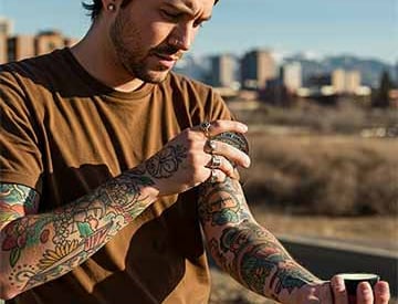 Alex - young Denver tattooed guy - puts Bee's Ink Armor/BIA on his fresh tattoos