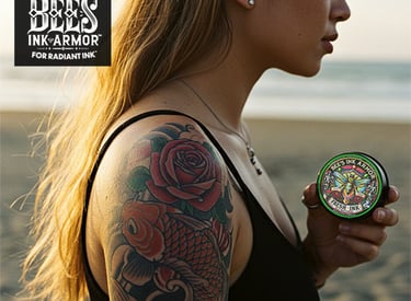 An Asian-american millennial woman carries a tin of Bee's Ink Armor Fresh Ink salve walking on beach