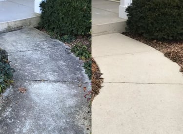 Before and after pressure washing concrete walkway